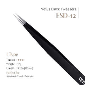 Pince à épiler noire Vetus ESD-12 en acier inoxydable de précision, applicateur de sourcils en forme de I, pointe fine de haute qualité, volume 132 mm, lisse - Product Image 2