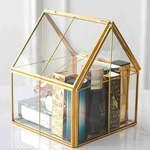 جميل مصنوع يدويًا من النحاس والزجاج صندوق زخرفي مخصص متوسط الحجم شكل كوخ مطلي بالذهب ،