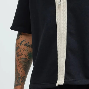 Zipper Fold Down Collar <b>Shirt</b> & Shorts 2pc Set For <b>Men</b> Best Quality Casual Wear Solid Twin Set For <b>Men</b> Cotton Breathable - Product Image 5