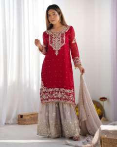 Traje Sharara bordado multicolor de seda de Chinon de diseñador listo para la boda con Choli Salwar Kameez para adultos - Product Image 2