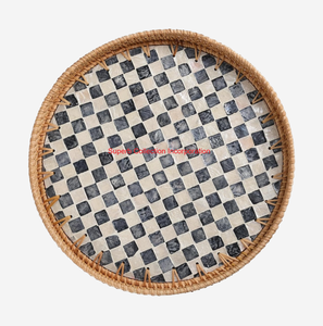 Plateau de service rond élégant en rotin avec incrustation de mosaïque en nacre bleue Plateau décoratif en canne tissée naturelle pour la maison et la cuisine - Product Image 2