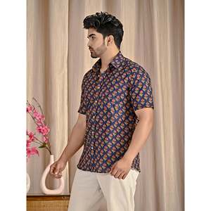 Chemise à manches courtes en coton imprimé bleu marine, tissu popeline 100%, col boutonné, style décontracté, taille 6XL, chemises habillées pour hommes ODM - Product Image 4