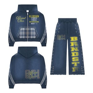Pantalones de chándal lavados con ácido unisex, parche personalizado, bordado de diamantes de imitación, ajuste holgado, estilo rasgado para hombre, serigrafía de algodón 100% - Product Image 1