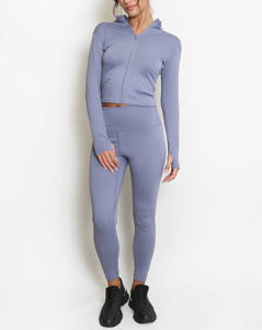 ชุดโยคะของผู้หญิงด้านหน้าสีทึบระบายอากาศได้2ชิ้นเอวกลางปรับขนาดได้โลโก้ออกแบบได้ตามต้องการ - Product Image 2