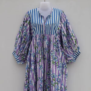 Robe d'été en coton imprimé Mini robes midi florales décontractées Vêtements de maison souples Manches bouffantes Robes maxi décontractées souples et amples - Product Image 1