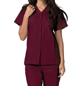 Blusa de manga corta con doble bolsillo y cuello de pico para mujer, ropa de trabajo con bonito diseño, colores sólidos, venta al por mayor - Product Image 3