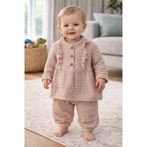 Ensemble 2 pièces pour bébé fille en mousseline de coton 100% avec volants, style Ins, robe mignonne en tissu côtelé pour 6 mois - Product Image 2