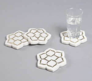 Sous-verre élégant en marbre blanc avec motif floral unique fait à la main, incrustation de pierre ronde, tapis à thé, café, boisson, luxe, table - Product Image 3