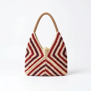 Grand sac fourre-tout bohème en raphia fait main, écologique, avec motif chevron à panneaux, en beige, à ouverture supérieure, pour usage quotidien - Product Image 2