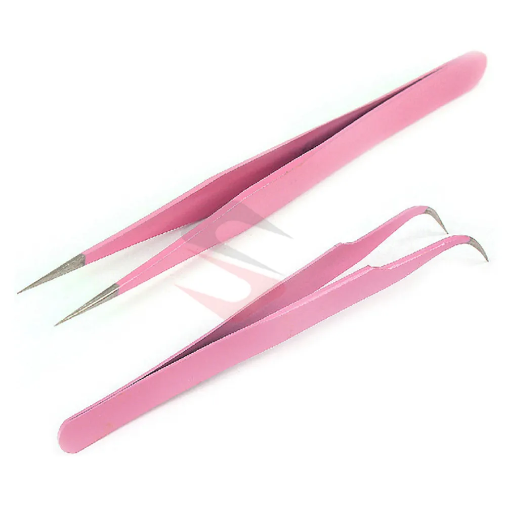 Wholesale Best Selling Custom Logo Volume Eyelash Extension Tweezers Pink Colour 2Pcs Set