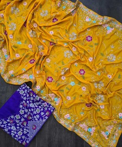 ชุดปาร์ตี้ผ้าส่าหรีสีส้มสำหรับผู้หญิงอินเดียปักลายดอกไม้ผ้าไหมตาข่ายปักลายดอกไม้และประดับมุก - Product Image 3