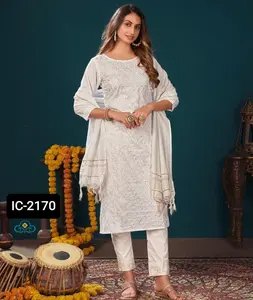 Nuovi vestiti etnici indiani fiammato di cotone con motivo elegante ed esclusivo Lakhanawi funziona con il lavoro di sequenza Kurtis con Dupatta