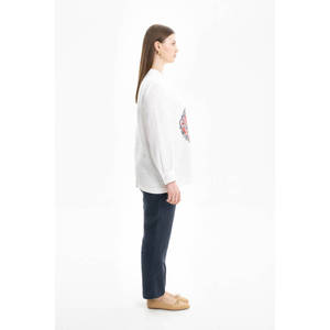 Vintage White Embroidered <b>Linen</b> Crop Blouse Casual Floral Stand Collar <b>Top</b> - Product Image 2