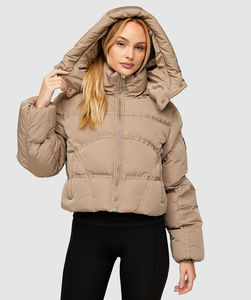 Veste courte matelassée pour femme, design personnalisé, kaki, fermeture éclair intégrale, capuche amovible, respirante, doudoune d'hiver pour femme - Product Image 1