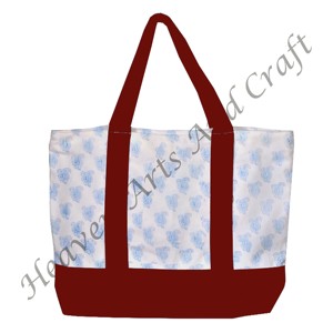 Sac fourre-tout en toile imprimé à la main avec poignée bordeaux, design floral multi-main, durable, deux bretelles, vente en gros BHCB003 - Product Image 2