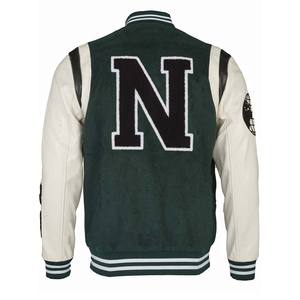 Chaqueta de béisbol con mangas de cuero y lana para hombre personalizada, chaqueta universitaria personalizada con cuello y puños de punto - Product Image 4