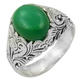 925 Sterling Silver <b>Jade</b> <b>Ring</b> Bezel Setting Classic Style Plant Pattern Unisex Gemstone <b>Ring</b> Everyday Wear - Product Image 1