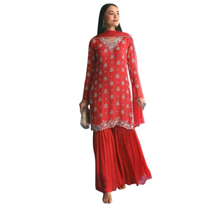 Commercio all'ingrosso rosso Chinon Kurta Sharara vestito con Moti Cutdana lavoro per la festa di nozze usura festiva ricevimento e ordini etnici personalizzati - Product Image 3