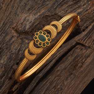 Antique Fashion Copper Alloy Flower Bangle with Gold Polish Green/<b>Ruby</b>-Green Synthetic Stones for Women's Wedding 184519 Kada - Product Image 5