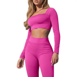 Huzafa, conjunto de Yoga de dos piezas de manga larga para mujer, ropa activa, sujetador y mallas de yoga sin costuras con patrón sólido, nuevo producto - Product Image 4
