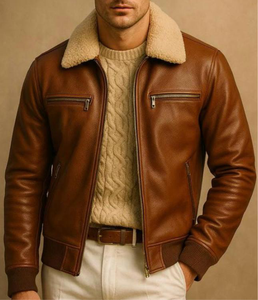 Veste en cuir véritable pour homme, col montant, décontractée, avec logo sur le devant, respirante et chauffante pour l'hiver - Product Image 2