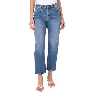 Jeans da donna a vita alta Earnest Sewn, in denim blu traspirante, taglia XL, stile semplice, con decorazioni strappate e logo in vita - Product Image 1