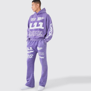 Ensemble survêtement hiver deux pièces personnalisable de haute qualité en molleton 100 % coton, pantalon de jogging et sweat à capuche évasés, avec logo imprimé - Product Image 1