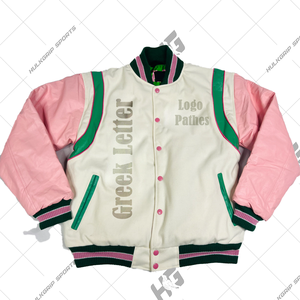 A | K | Chaqueta Letterman de Lana/Nylon Rosa con Mangas y Tirantes Verdes, Cuello Alto, Estilo Urbano, Invierno, Unisex, Bordado - Product Image 1