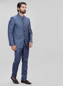 La Scoot Men's Basic Formal 2-Piece Jodhpuri Style Stand Collar <b>Suit</b> Solid Polyester Viscose Long Length Regular Fit - Product Image 4