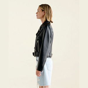 แจ็กเก็ตมอเตอร์100% หนังแท้คลาสสิกพอดีตัวพร้อมแขนซิประบายอากาศ - Product Image 5