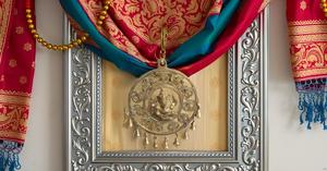 Golden Brass Om Ganesha Wall Hanging Idol with Small Bells Vertical Pattern <b>Mandir</b> Wall Decor for Door for Diwali Gift - Product Image 3