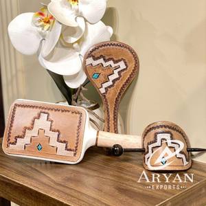 Hot Selling Real Handmade Engraved Tooled <b>Leather</b> 3 Pieces Hair Brush Hand Mirror & Hair Stick Vanity Sets Womens Stunning Gifts - Product Image 1