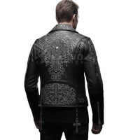 Veste de motard gothique punk en cuir pour homme, style urbain, hiver, écologique, avec croix et crâne argentés, coupe ajustée, col montant