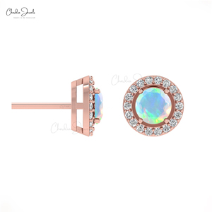 Minimalist 4mm Round Cut Ethiopian <b>Opal</b> Gemstone <b>Studs</b> with Pave Set Natural Diamond Wedding <b>Earrings</b> for Ladies at Factory Cost - Product Image 2