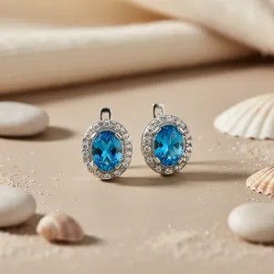 "Trendy Rhodium-Plated Blue Topaz Halo <b>Stud</b> Earrings for Women" - Product Image 1