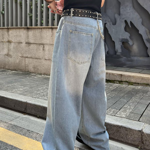 กางเกงยีนส์โอเวอร์ไซส์สำหรับผู้ชายกางเกงยีนส์หลวมใส่สบายคุณภาพสูงสีทึบ - Product Image 5