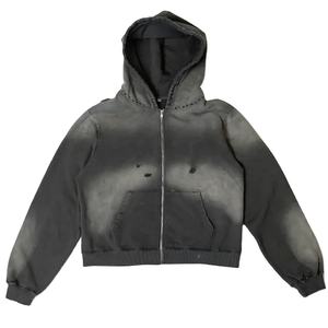 Ensemble de survêtements pour hommes en coton 100% vintage délavé à l'acide, deux pièces, fermeture éclair, automne-hiver 2025, streetwear - Product Image 4