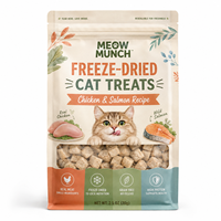 Sachet à fond carré en BOPP refermable imprimé sur mesure pour friandises lyophilisées pour chats, emballage d'aliments pour animaux de compagnie 70g