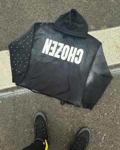 OEM ODM Sweat à capuche zippé personnalisé lourd avec broderie appliquée, effet vieilli, délavé à l'acide, vintage, avec strass pour hommes - Product Image 4