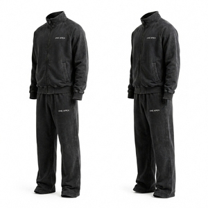 Custom Black Acid Wash Tracksuit Vintage Washed Sweat Suit Full <b>Zip</b> Jacket Jogger Set Cotton Fleece OEM ODM Manufacturer - Product Image 2