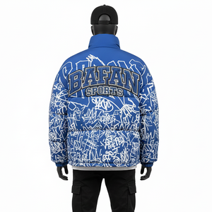 Veste matelassée d'hiver pour homme en tissu polyester bleu avec design de panneaux matelassés, logo brodé personnalisé, veste matelassée pour homme - Product Image 2