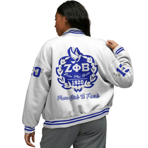 Zeta Phi Beta 1920 Greek Life Letterman Jacket ZPB Azul Blanco Hermandad Varsity Chenille Patch Founders Style Coat - Product Image 2