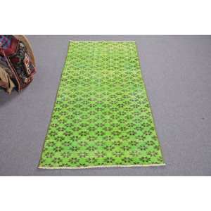 Modern Vintage Turkish <b>Rug</b> 2.6x6.2ft Classic Rectangle Patchwork Design Green <b>Seagrass</b> Wool Latex for Home Living Room Car - Product Image 1