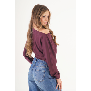 Blusa Básica sin Costuras con Cuello en V y Mangas Murciélago para Mujer, Tela Fina, Color Ciruela Elegante para Uso Casual o de Oficina - Product Image 4