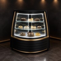 Vitrine de boulangerie d'angle réfrigérée sur mesure, noir mat et or, avec verre incurvé, éclairage LED et 3 étagères