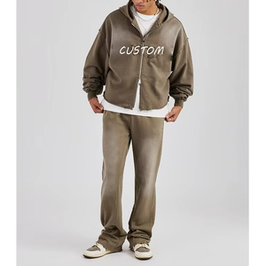 Kaki Double fermeture éclair bord brut à capuche homme survêtements ensemble surdimensionné Boxy lavé Applique Zip haute qualité respirant imprimé Design - Product Image 1