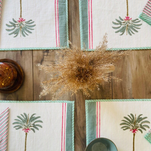 Hand Block Printed Quilted <b>Placemat</b> Napkin Set, Palm Tree Design Table Linens - Product Image 2