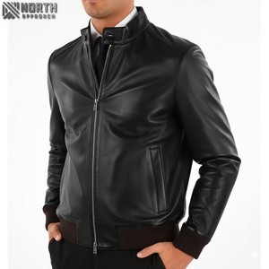 บอมเบอร์แจ็คเก็ตหนังสีดำสำหรับผู้ชายเสื้อแจ็คเก็ตหนังปกตั้ง - Product Image 1