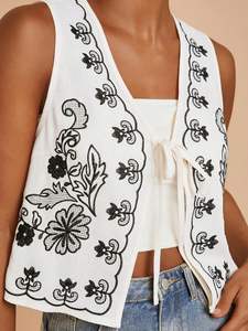 Femmes Vintage coton gilet veste dames ouvert gilet broderie florale décontracté haut court tenues pour automne hiver vacances - Product Image 2