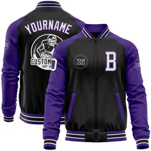 Veste bomber varsity à deux tons avec fermeture éclair, en gros directement de l'industrie, décontractée, d'hiver, personnalisée, noir, blanc et violet - Product Image 1